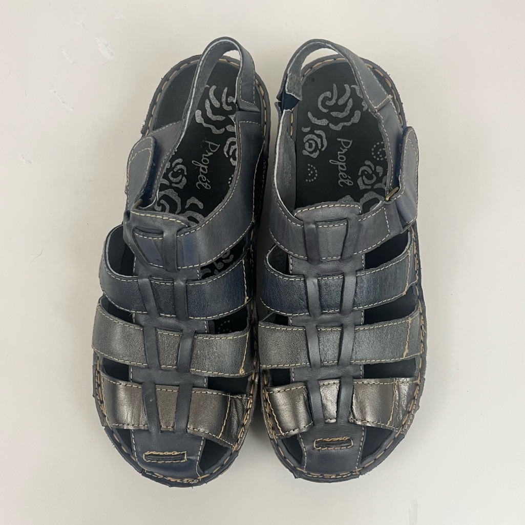 Propet Leather Denim Blue Gray Silver Ghille Walker Sandals Women’s Sz 8